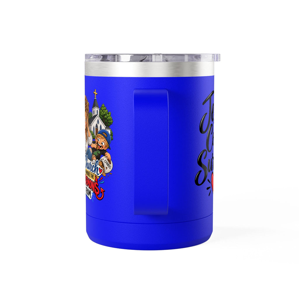 Coffee Tumbler – “I Go to Church… I Don’t Know Where the Little Demons Came From” Funny Mom Travel Mug, 15oz