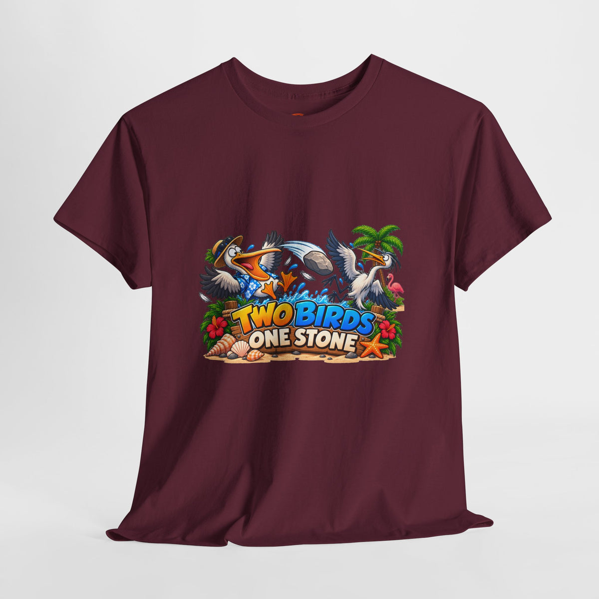 Two Birds One Stone Tropical Beach Graphic Tee