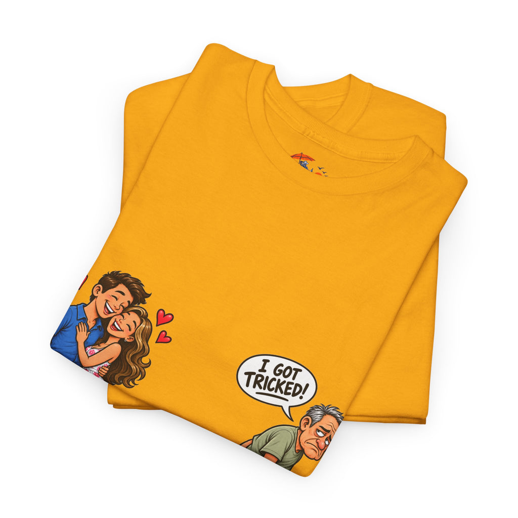 T-Shirt — 'I Got Tricked?' Funny Couple Cartoon Graphic Tee