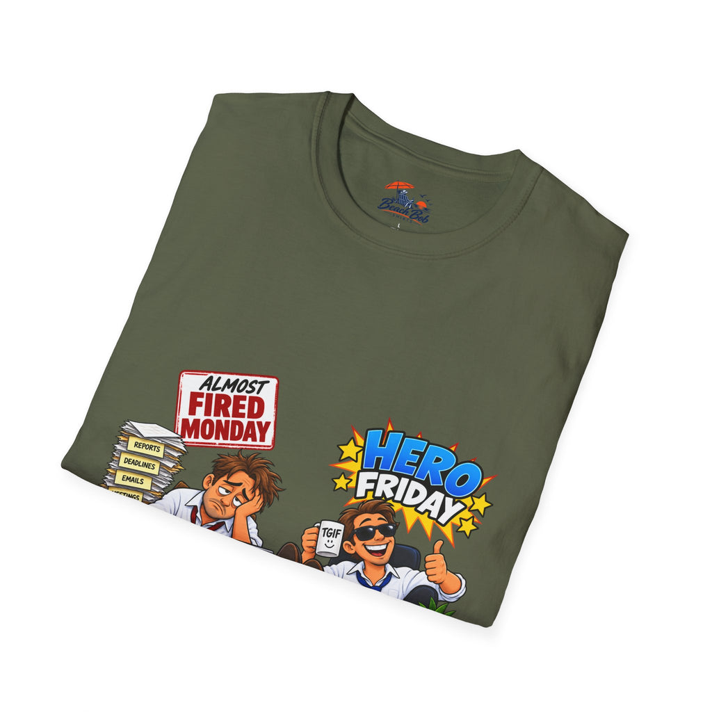 Hero Friday vs Fired Monday Funny Graphic T‑Shirt