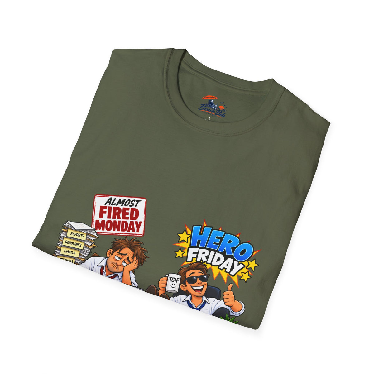 Hero Friday vs Fired Monday Funny Graphic T‑Shirt