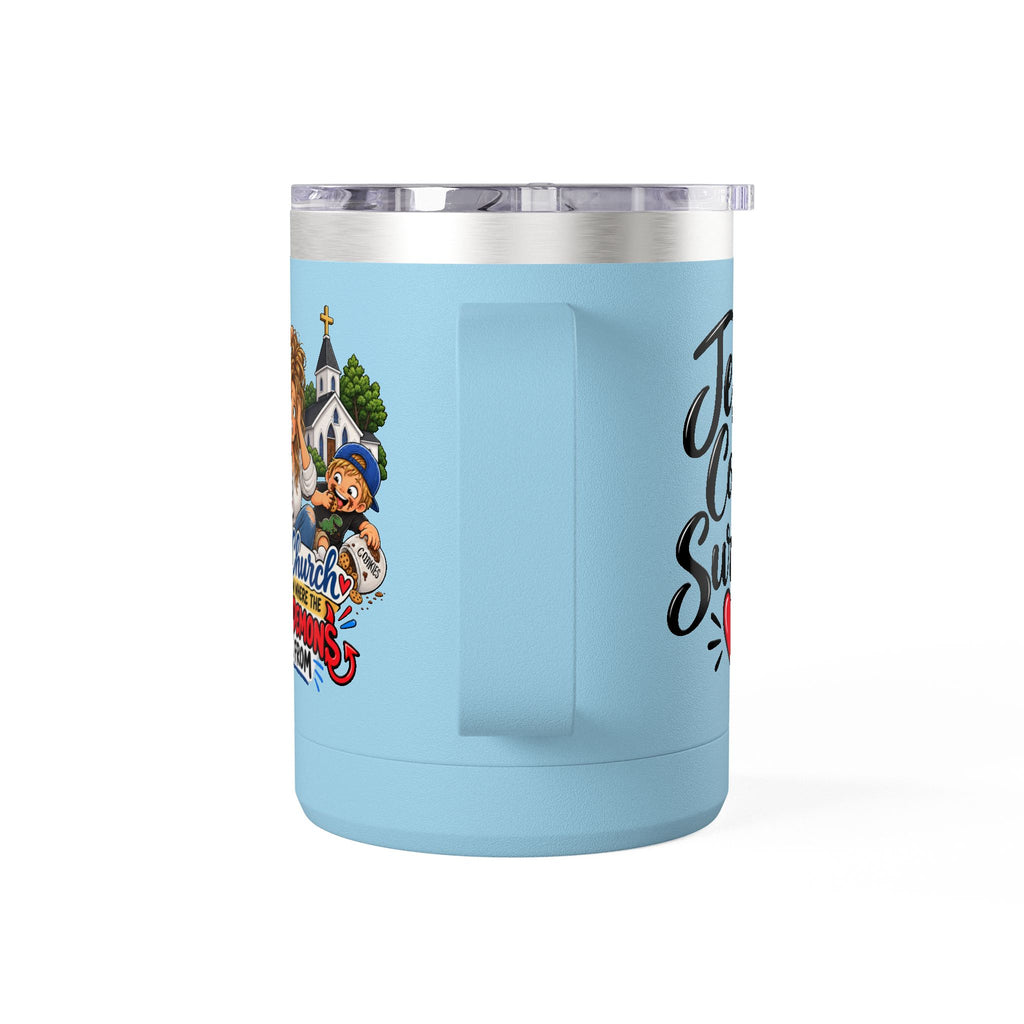 Coffee Tumbler – “I Go to Church… I Don’t Know Where the Little Demons Came From” Funny Mom Travel Mug, 15oz