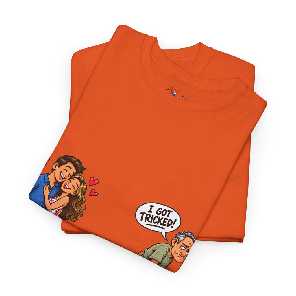 T-Shirt — 'I Got Tricked?' Funny Couple Cartoon Graphic Tee