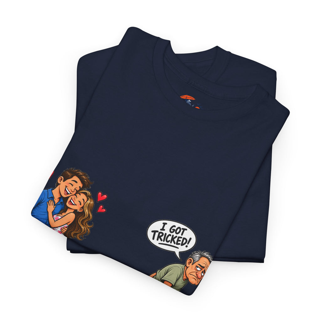 T-Shirt — 'I Got Tricked?' Funny Couple Cartoon Graphic Tee