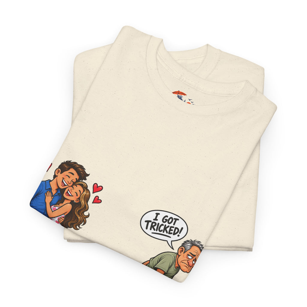 T-Shirt — 'I Got Tricked?' Funny Couple Cartoon Graphic Tee