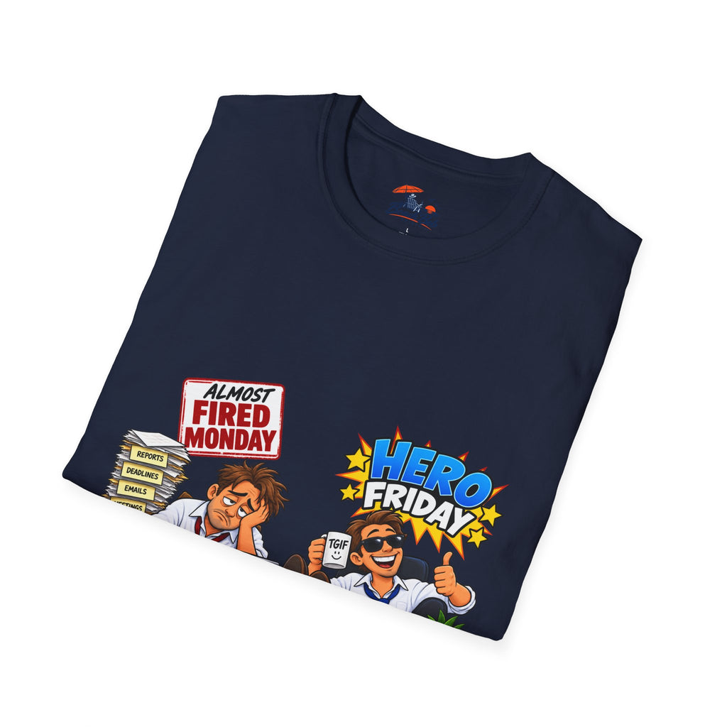 Hero Friday vs Fired Monday Funny Graphic T‑Shirt