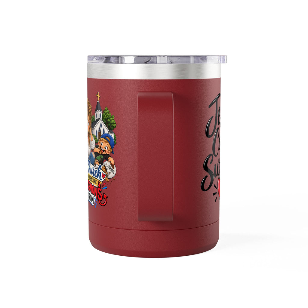 Coffee Tumbler – “I Go to Church… I Don’t Know Where the Little Demons Came From” Funny Mom Travel Mug, 15oz