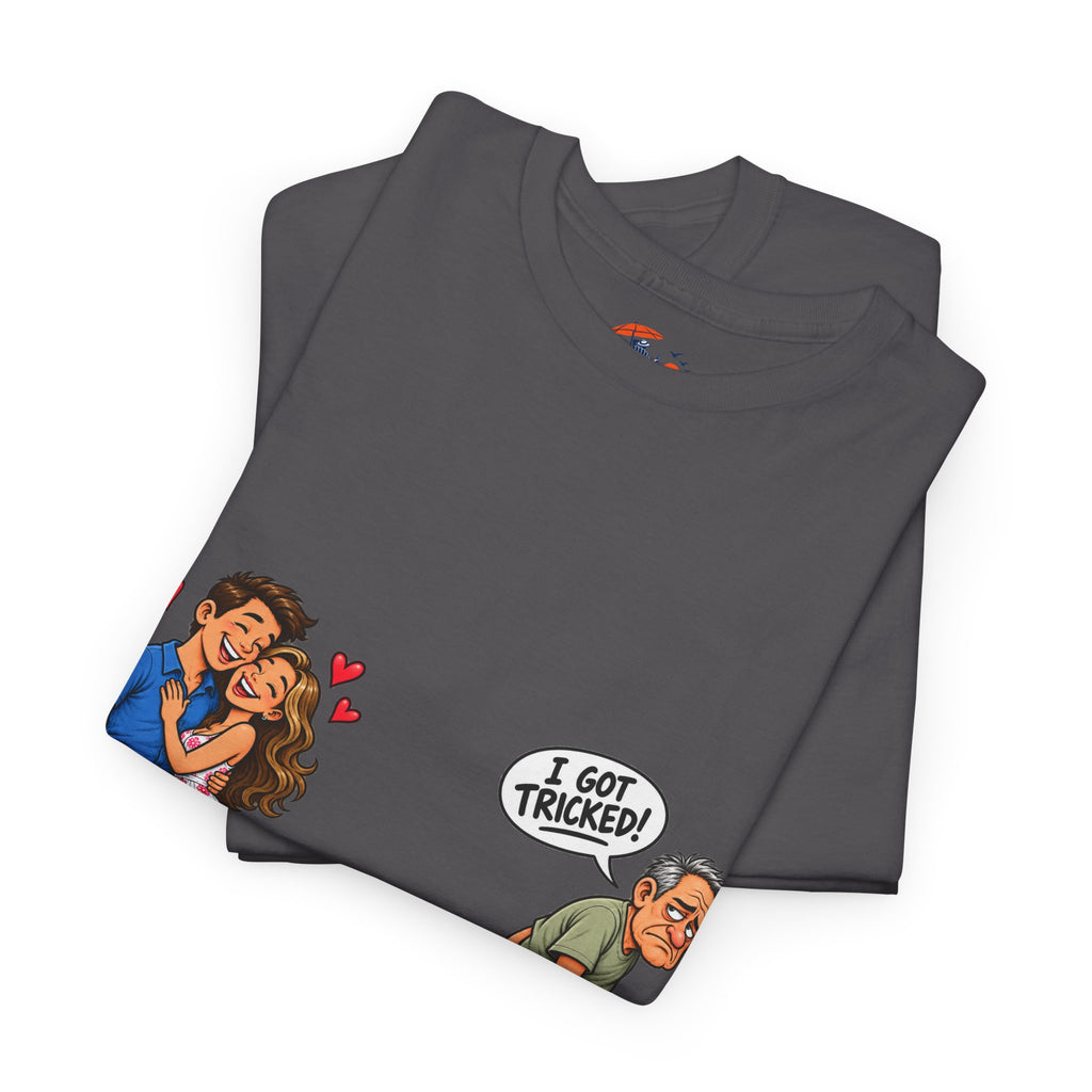 T-Shirt — 'I Got Tricked?' Funny Couple Cartoon Graphic Tee