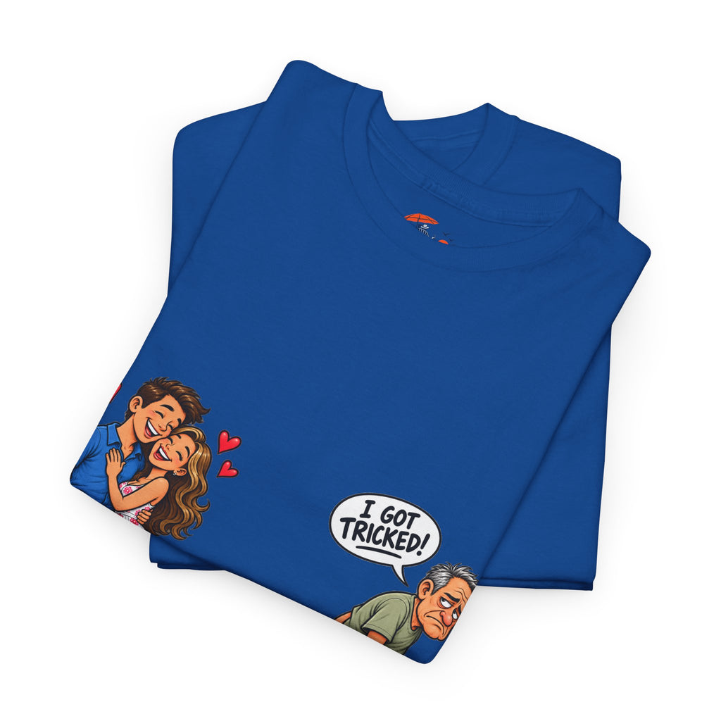 T-Shirt — 'I Got Tricked?' Funny Couple Cartoon Graphic Tee