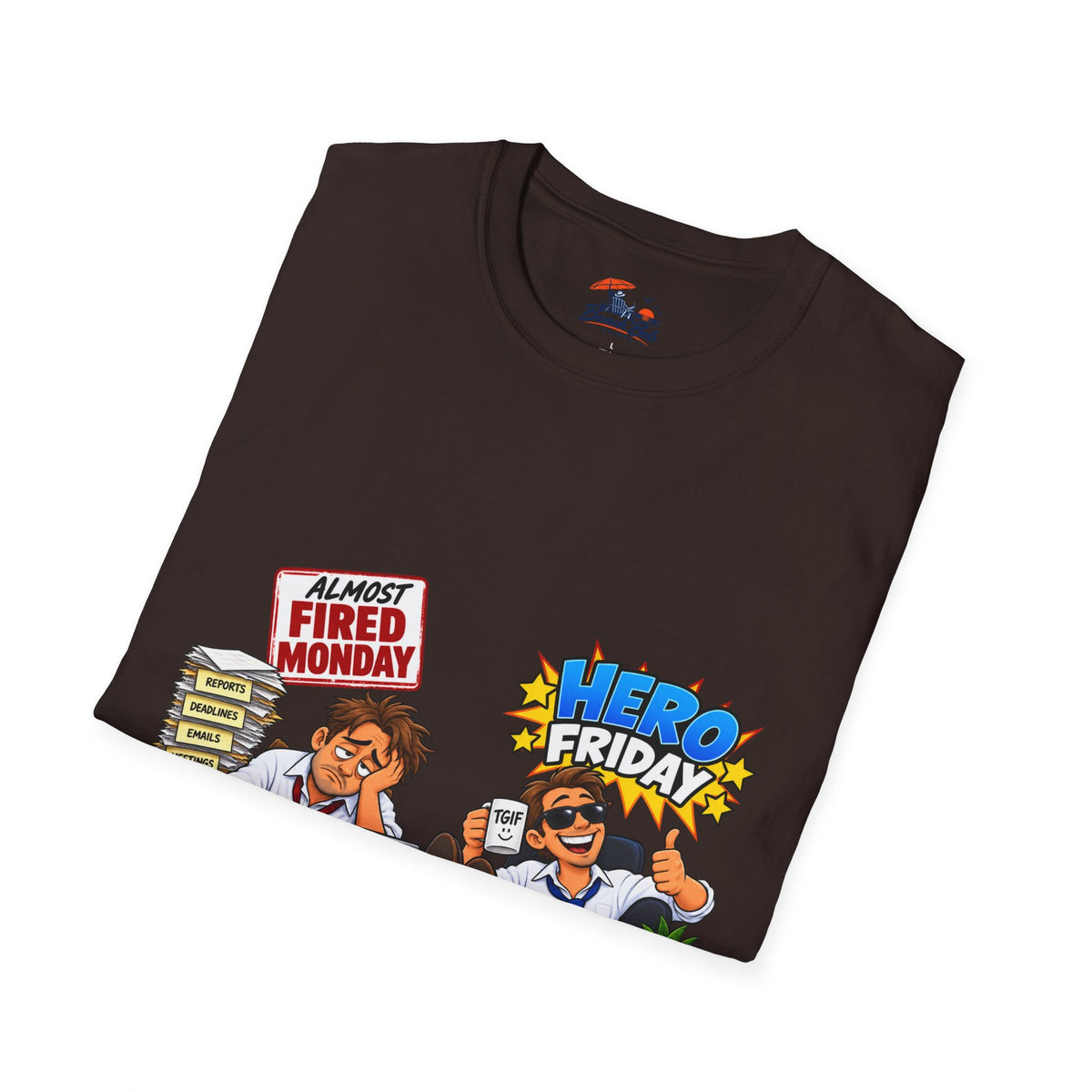 Hero Friday vs Fired Monday Funny Graphic T‑Shirt