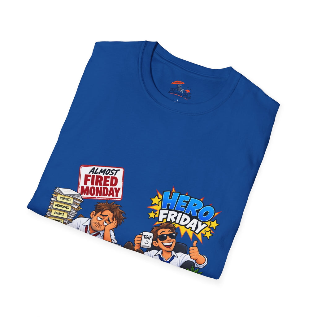 Hero Friday vs Fired Monday Funny Graphic T‑Shirt