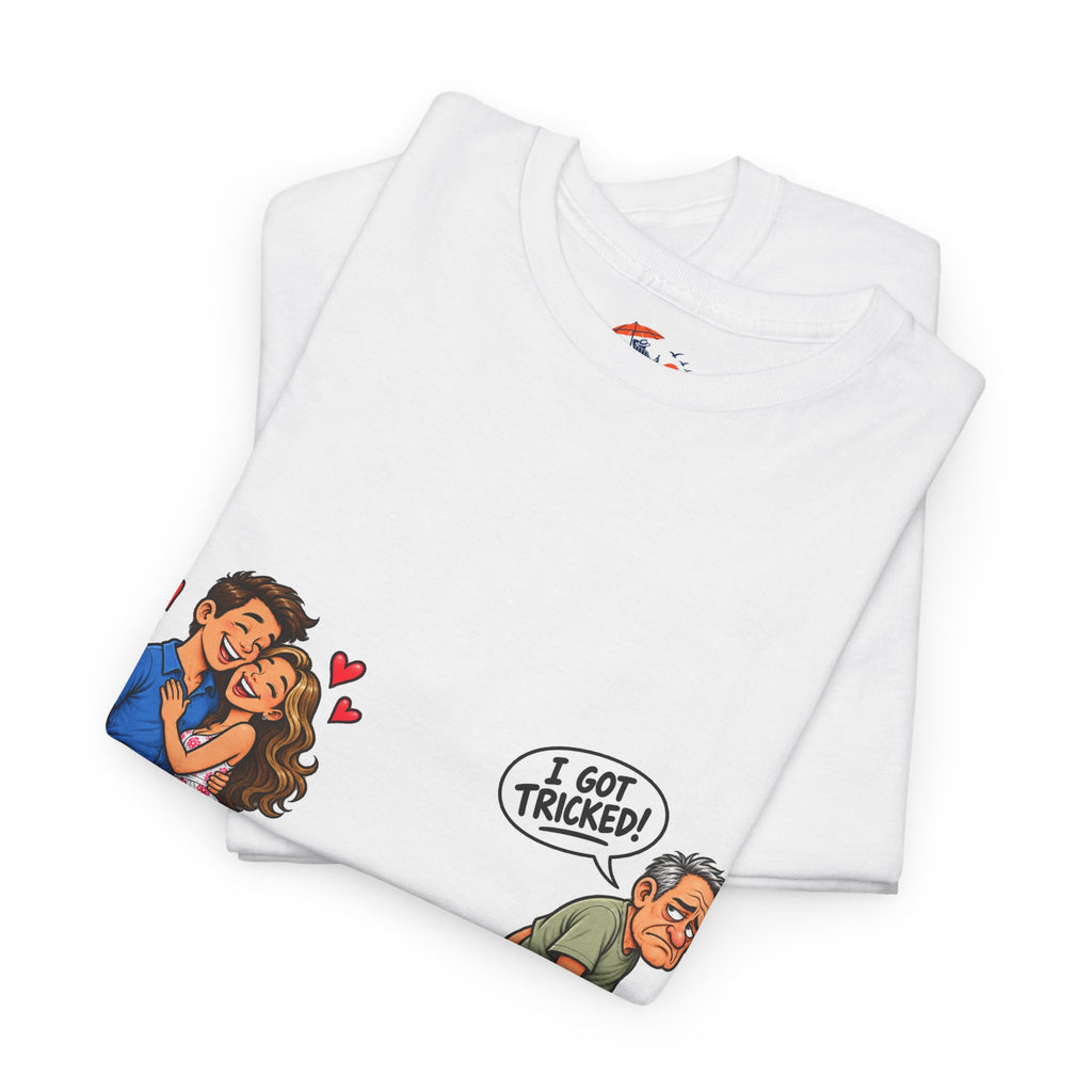 T-Shirt — 'I Got Tricked?' Funny Couple Cartoon Graphic Tee