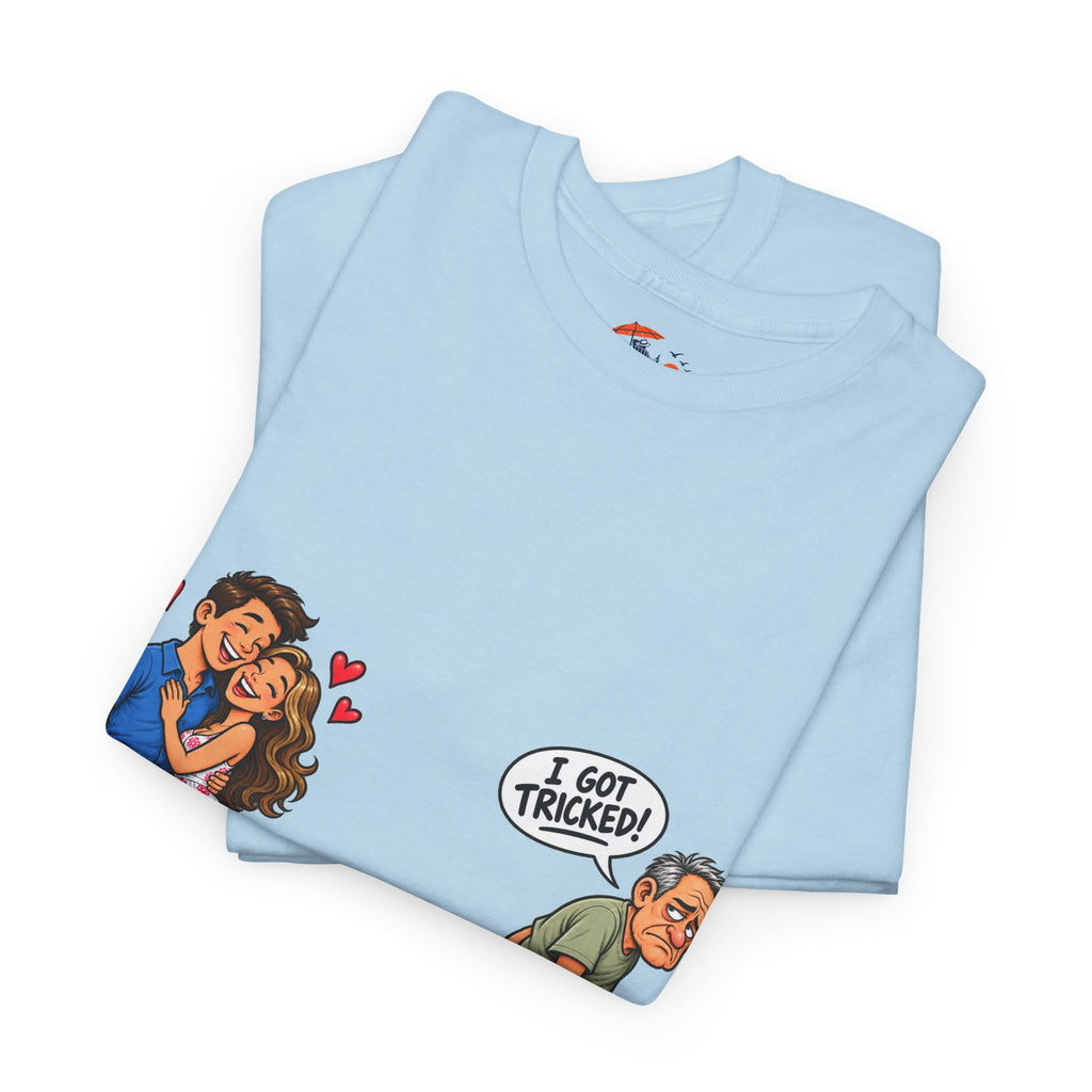 T-Shirt — 'I Got Tricked?' Funny Couple Cartoon Graphic Tee
