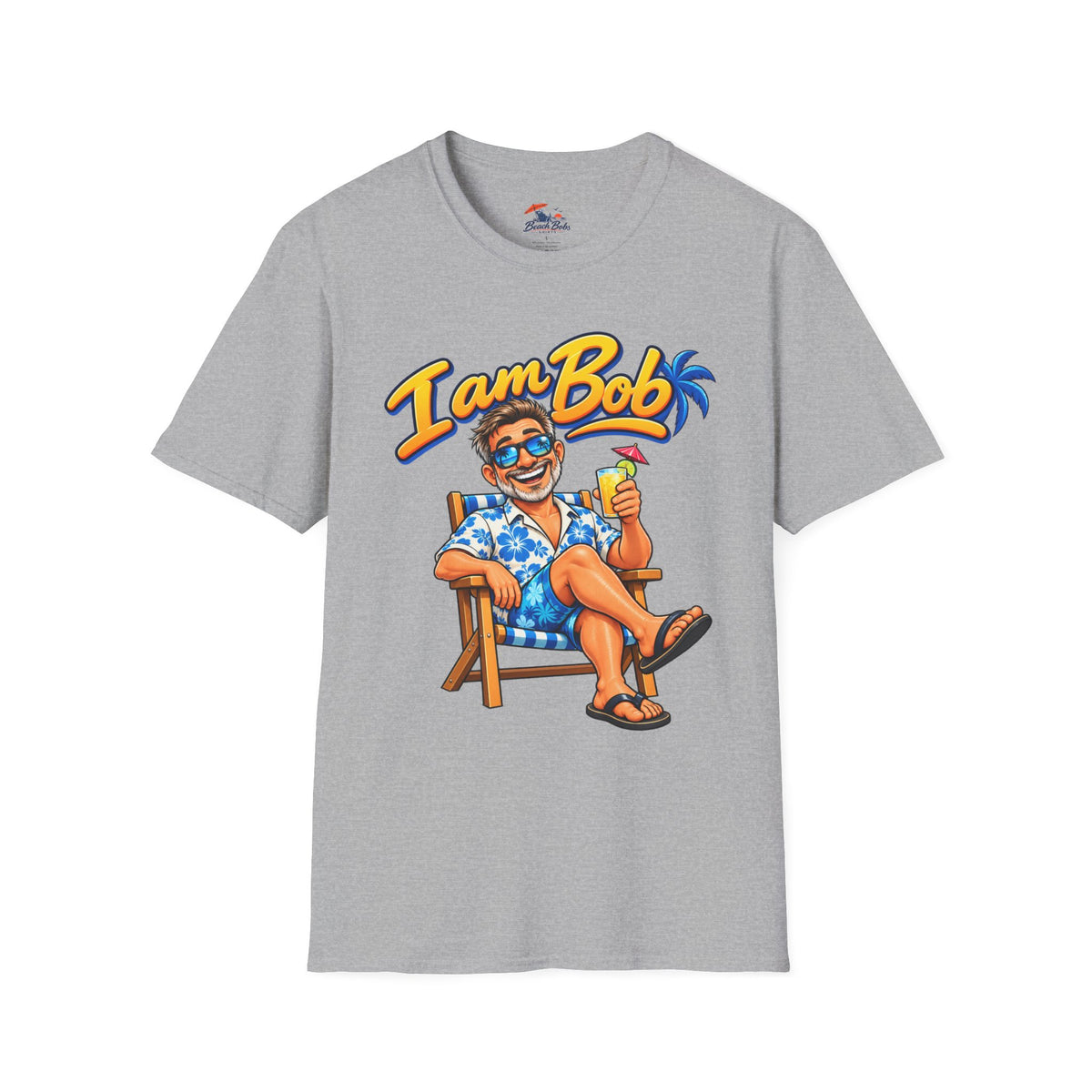 I Am Bob T-Shirt — Retro Tropical Vacation Tee with Beach Chair & Palm Trees
