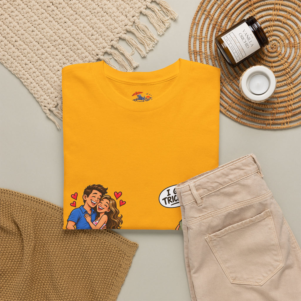 T-Shirt — 'I Got Tricked?' Funny Couple Cartoon Graphic Tee