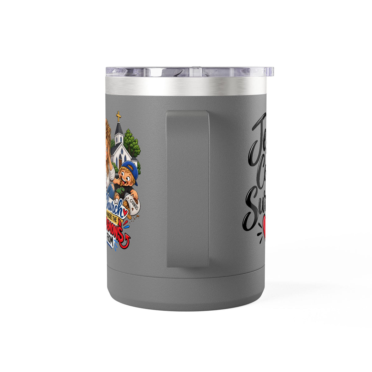 Coffee Tumbler – “I Go to Church… I Don’t Know Where the Little Demons Came From” Funny Mom Travel Mug, 15oz