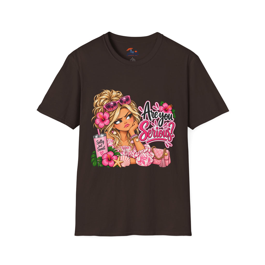 Are You Serious? Girly Graphic T-Shirt – Cute Blonde Cartoon Beach Girl Tee