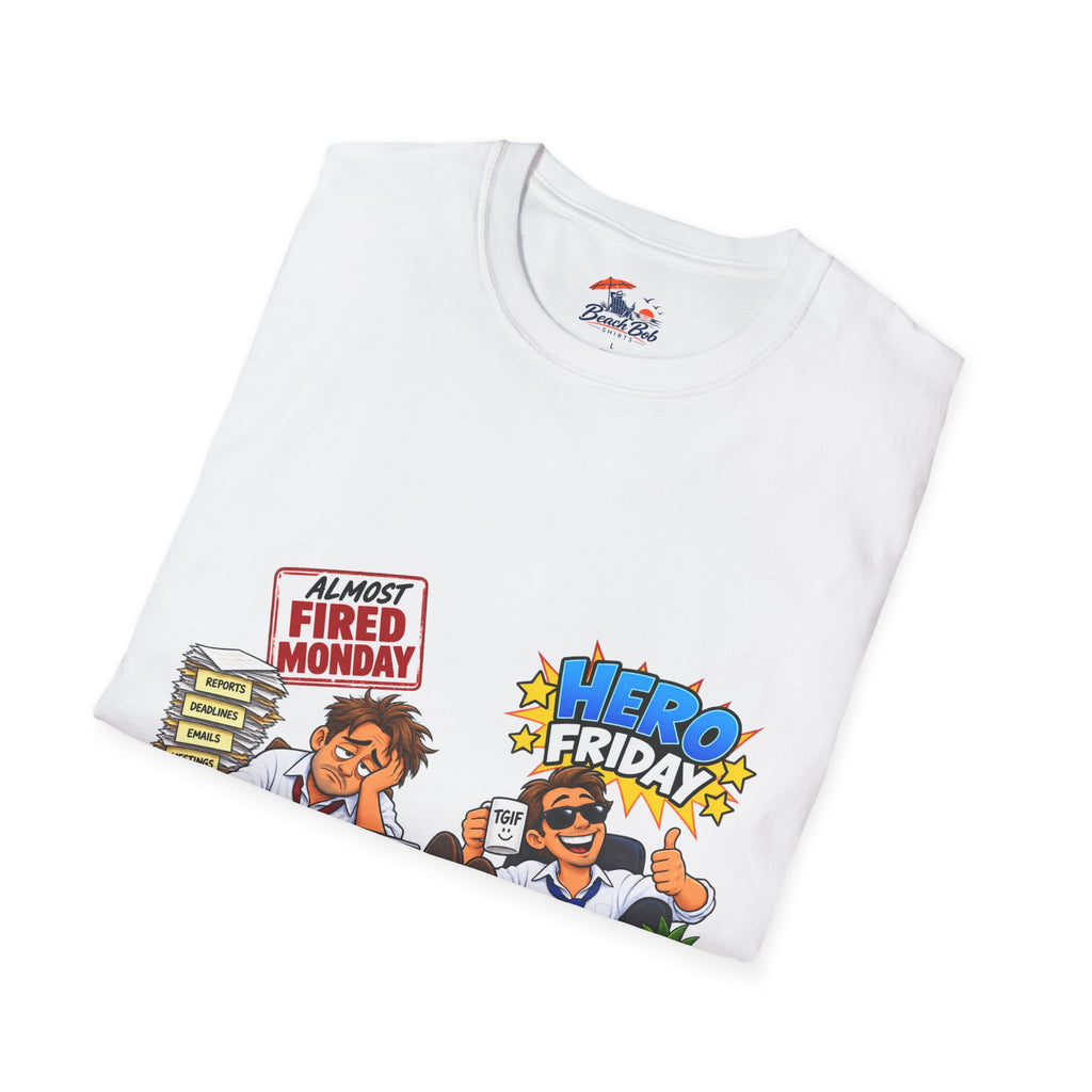 Hero Friday vs Fired Monday Funny Graphic T‑Shirt