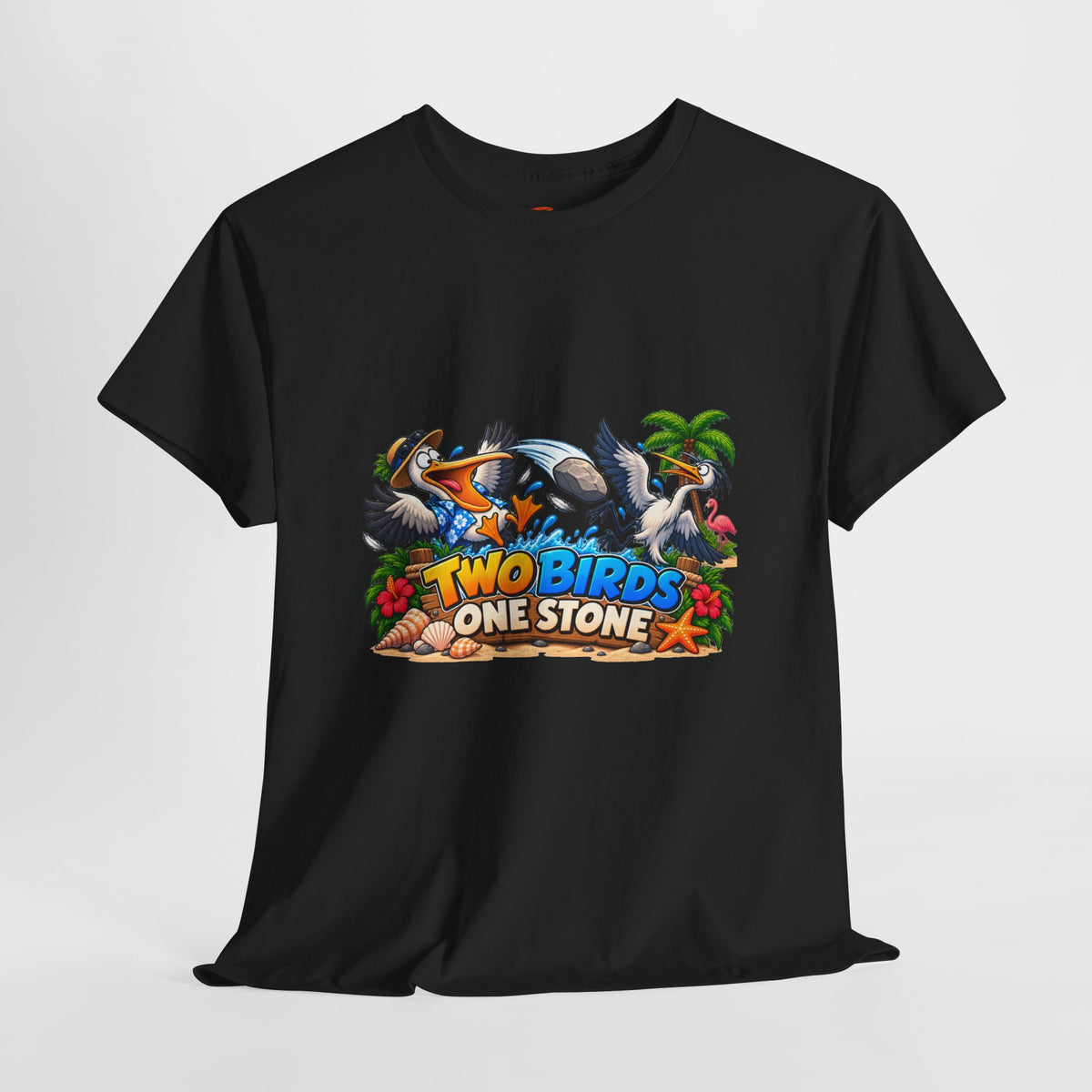 Two Birds One Stone Tropical Beach Graphic Tee