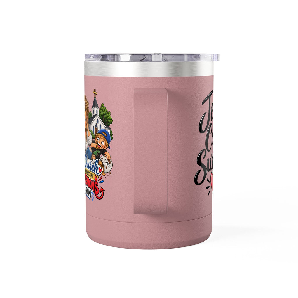 Coffee Tumbler – “I Go to Church… I Don’t Know Where the Little Demons Came From” Funny Mom Travel Mug, 15oz