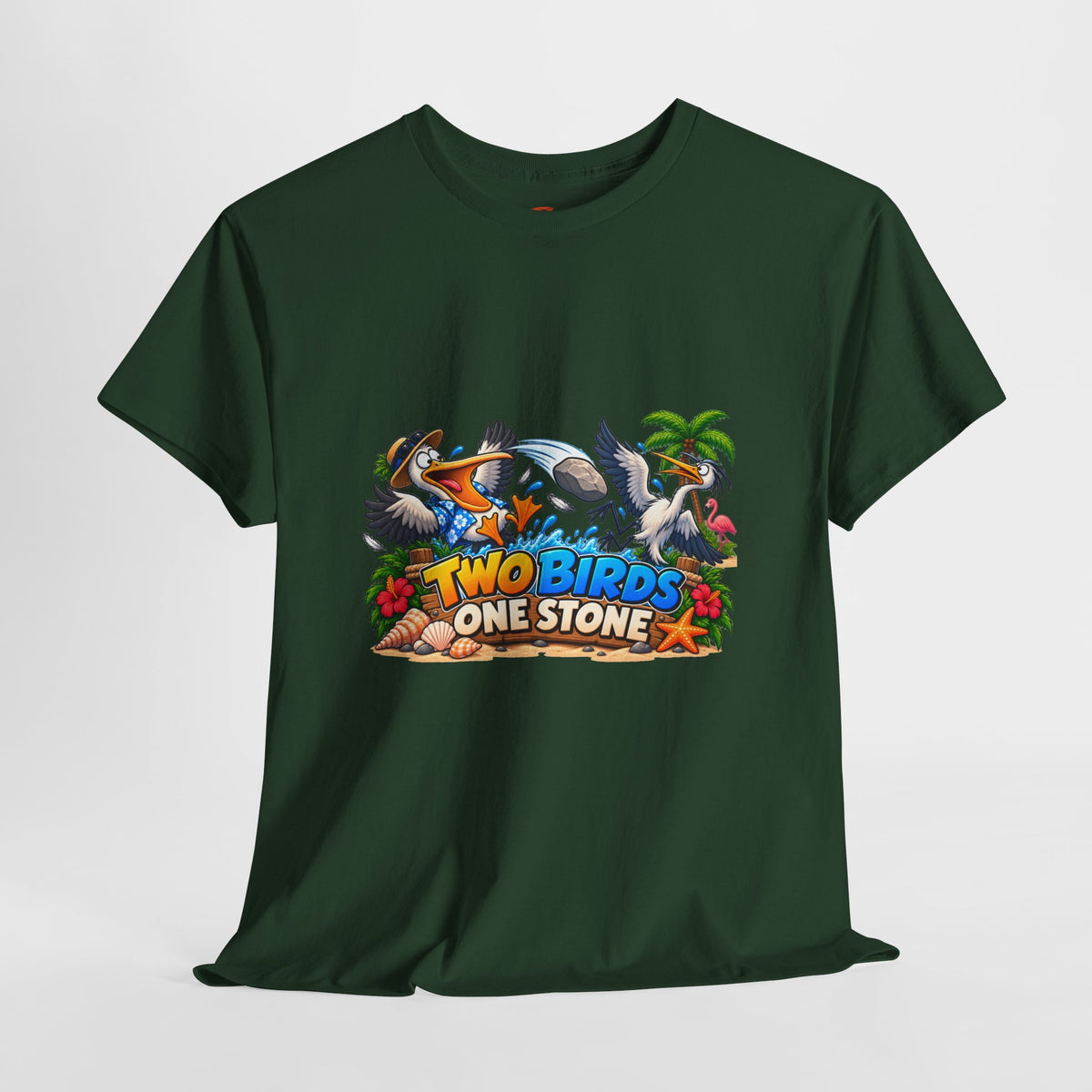 Two Birds One Stone Tropical Beach Graphic Tee