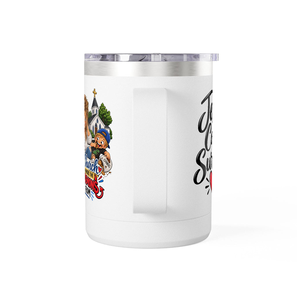 Coffee Tumbler – “I Go to Church… I Don’t Know Where the Little Demons Came From” Funny Mom Travel Mug, 15oz