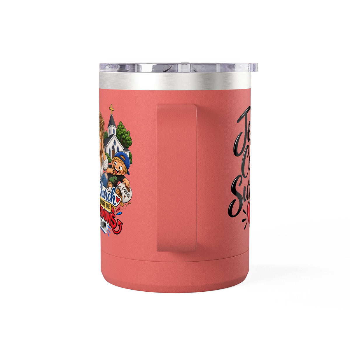 Coffee Tumbler – “I Go to Church… I Don’t Know Where the Little Demons Came From” Funny Mom Travel Mug, 15oz