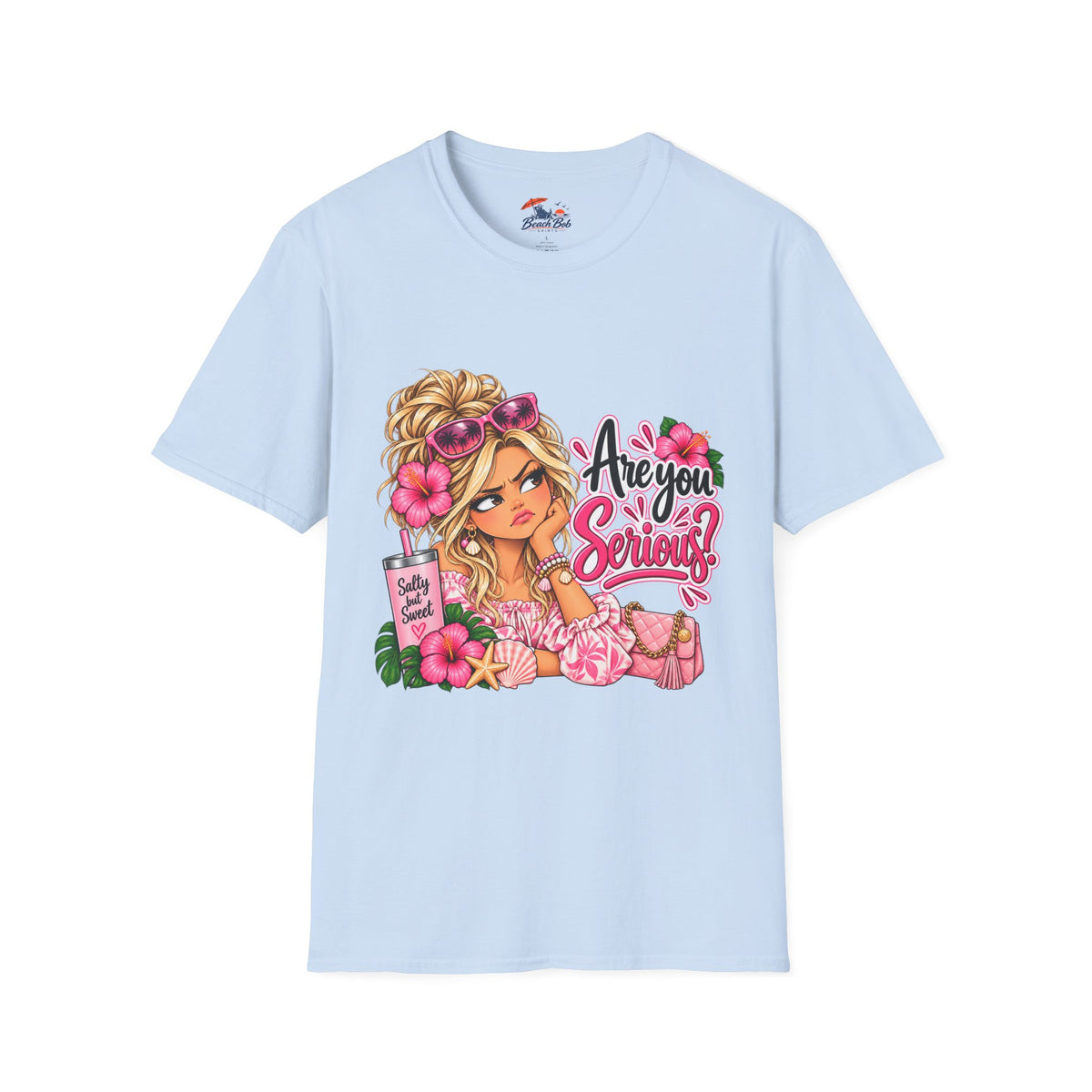 Are You Serious? Girly Graphic T-Shirt – Cute Blonde Cartoon Beach Girl Tee