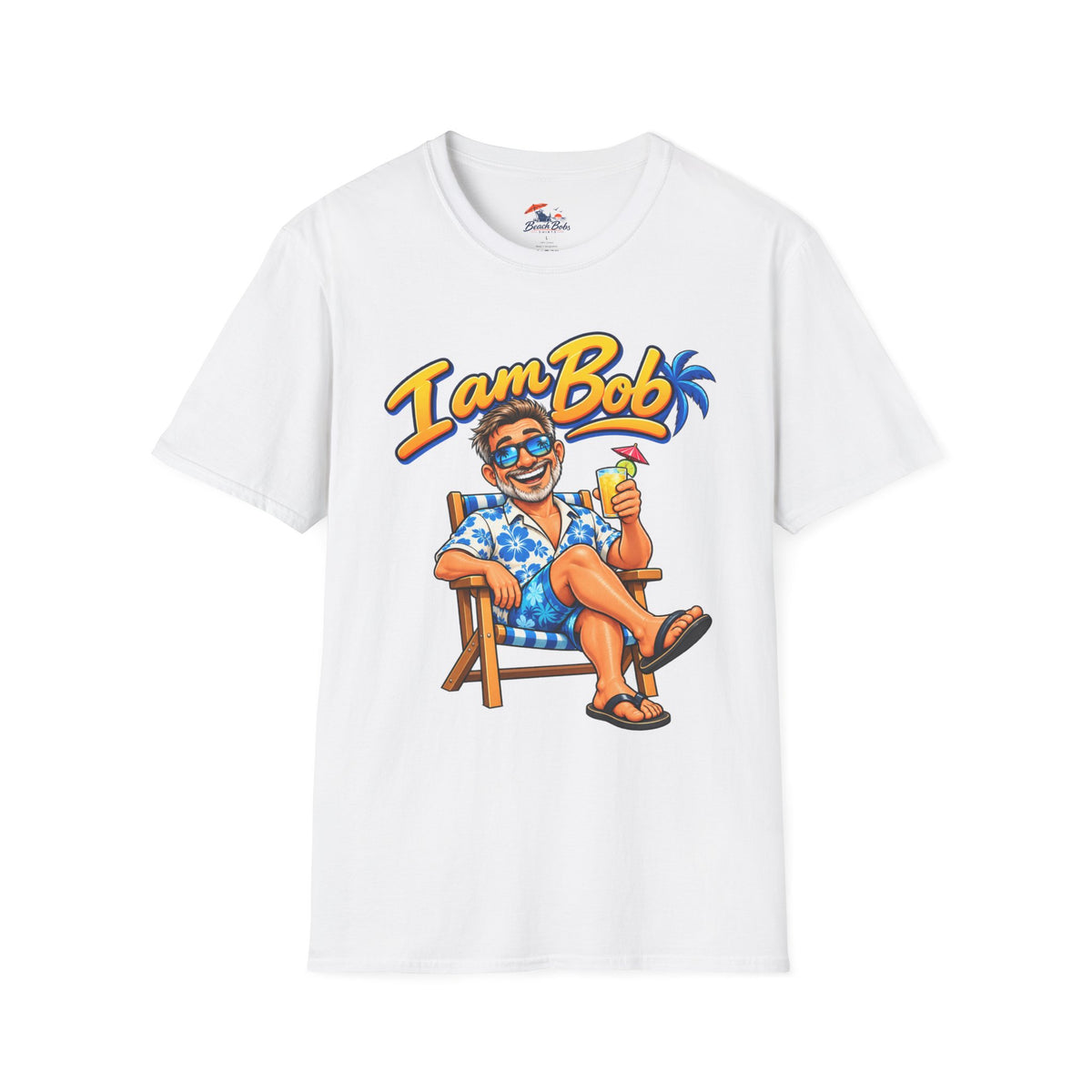 I Am Bob T-Shirt — Retro Tropical Vacation Tee with Beach Chair & Palm Trees