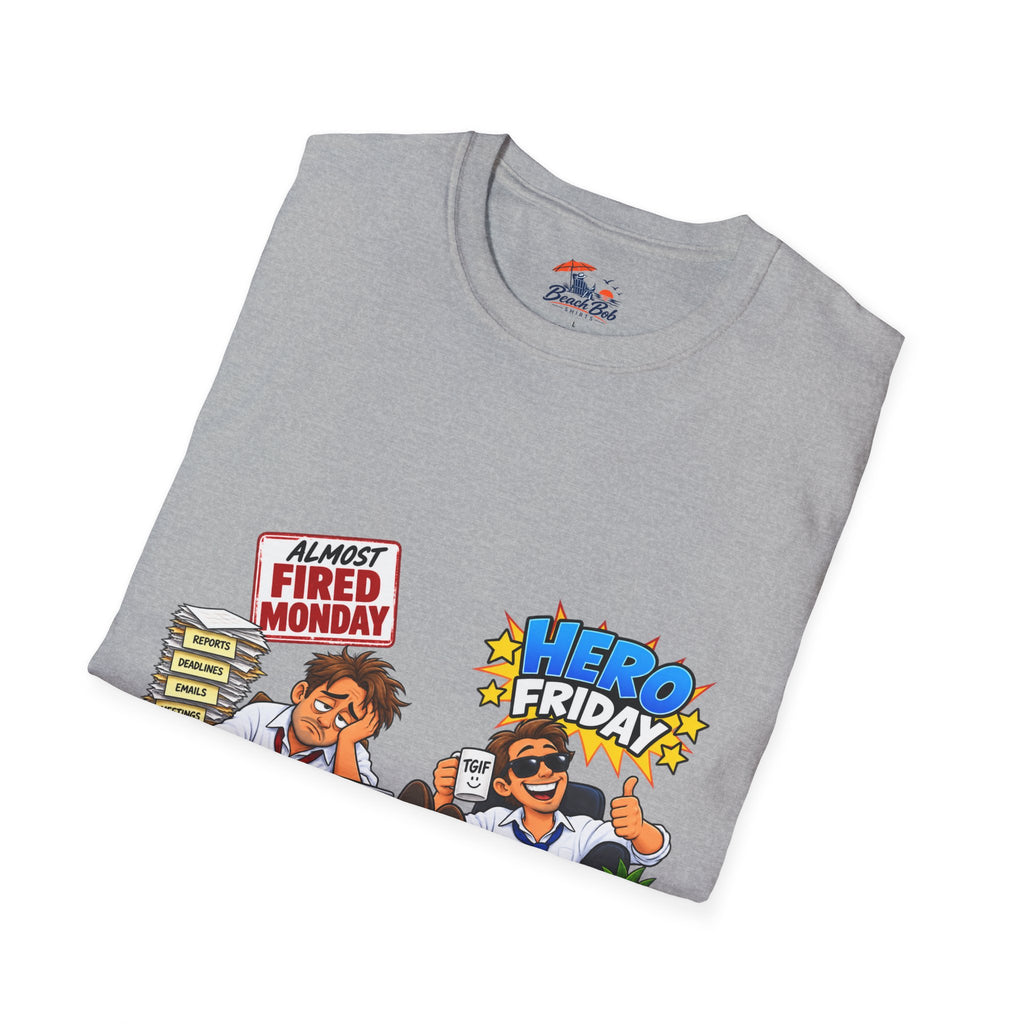Hero Friday vs Fired Monday Funny Graphic T‑Shirt