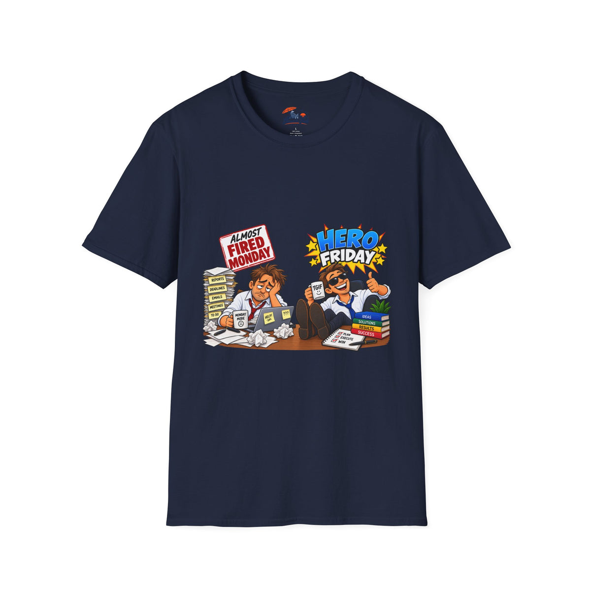 Hero Friday vs Fired Monday Funny Graphic T‑Shirt