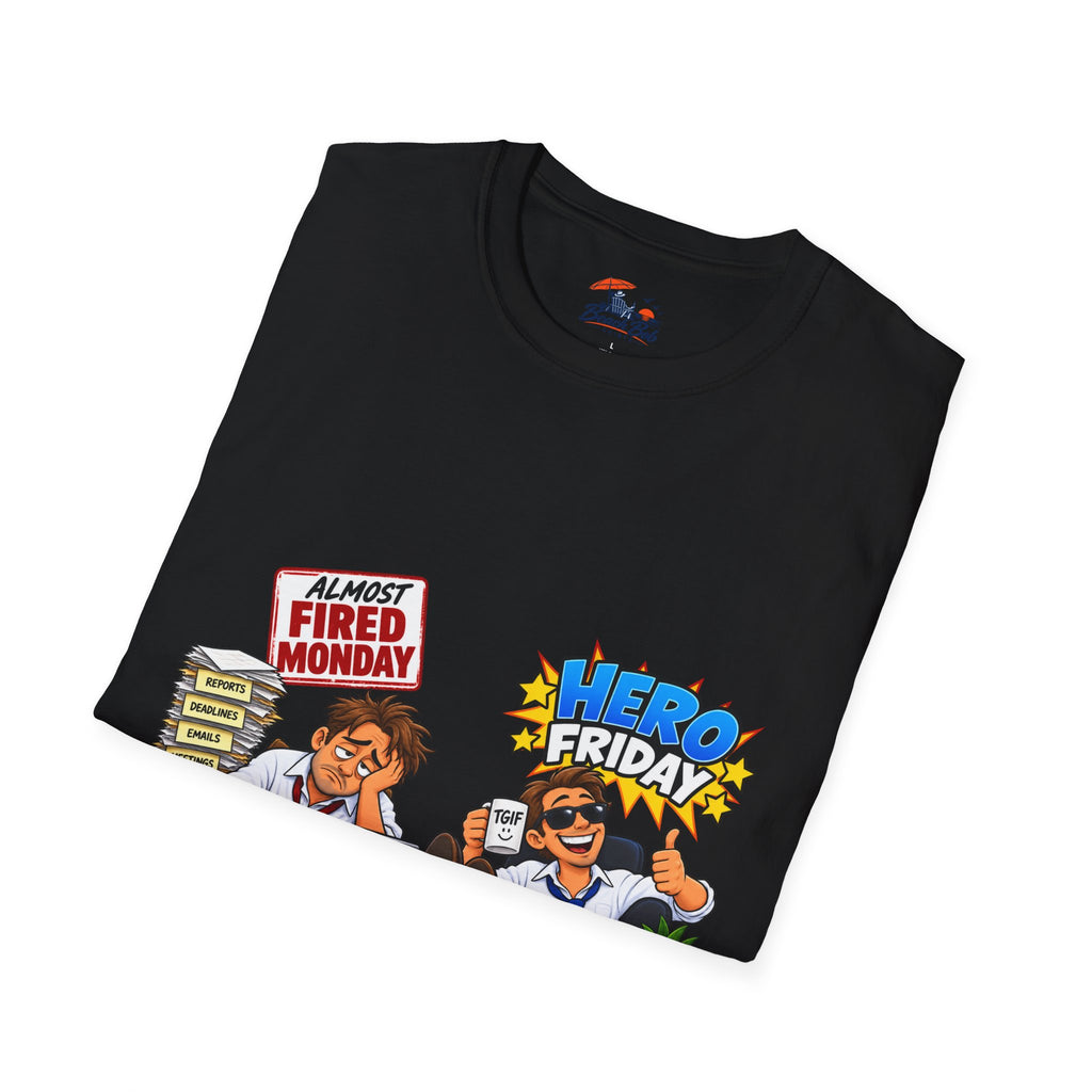 Hero Friday vs Fired Monday Funny Graphic T‑Shirt