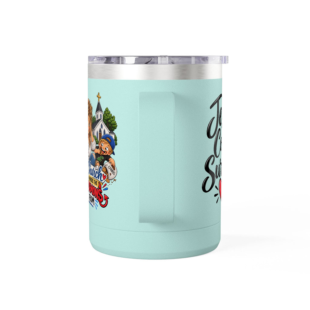 Coffee Tumbler – “I Go to Church… I Don’t Know Where the Little Demons Came From” Funny Mom Travel Mug, 15oz