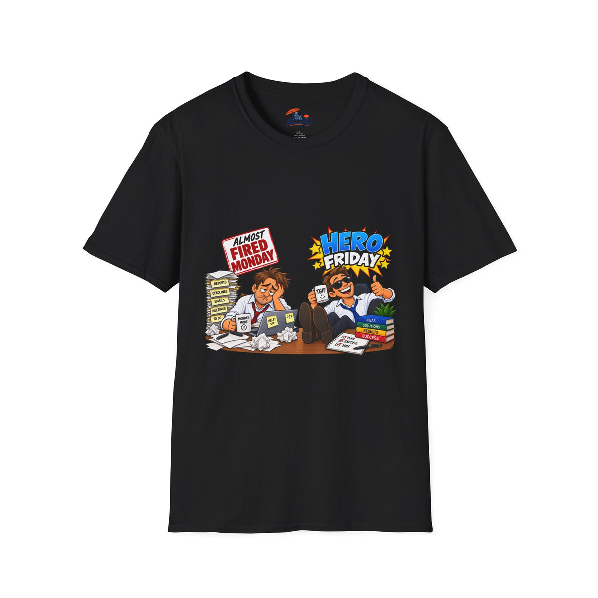 Hero Friday vs Fired Monday Funny Graphic T‑Shirt