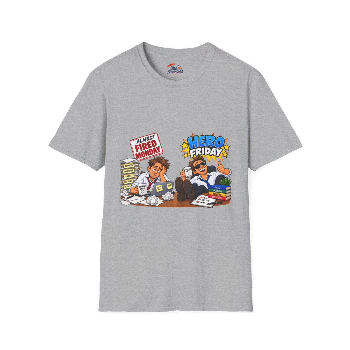 Hero Friday vs Fired Monday Funny Graphic T‑Shirt
