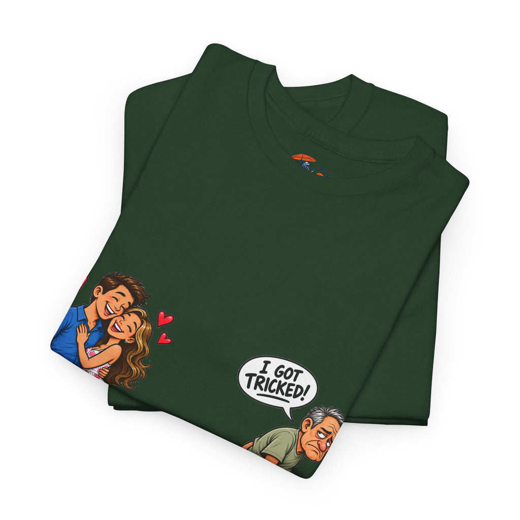 T-Shirt — 'I Got Tricked?' Funny Couple Cartoon Graphic Tee