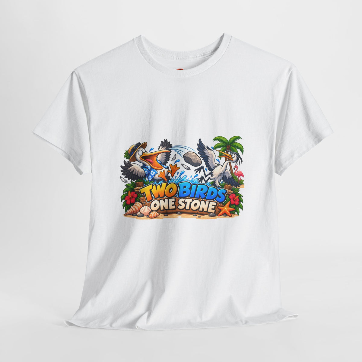 Two Birds One Stone Tropical Beach Graphic Tee